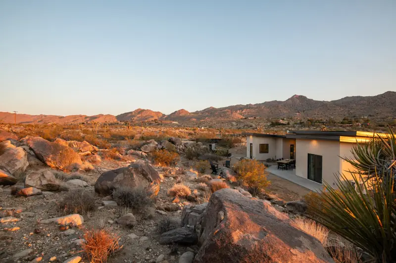 Exterior: A view of the backyard during sunset.